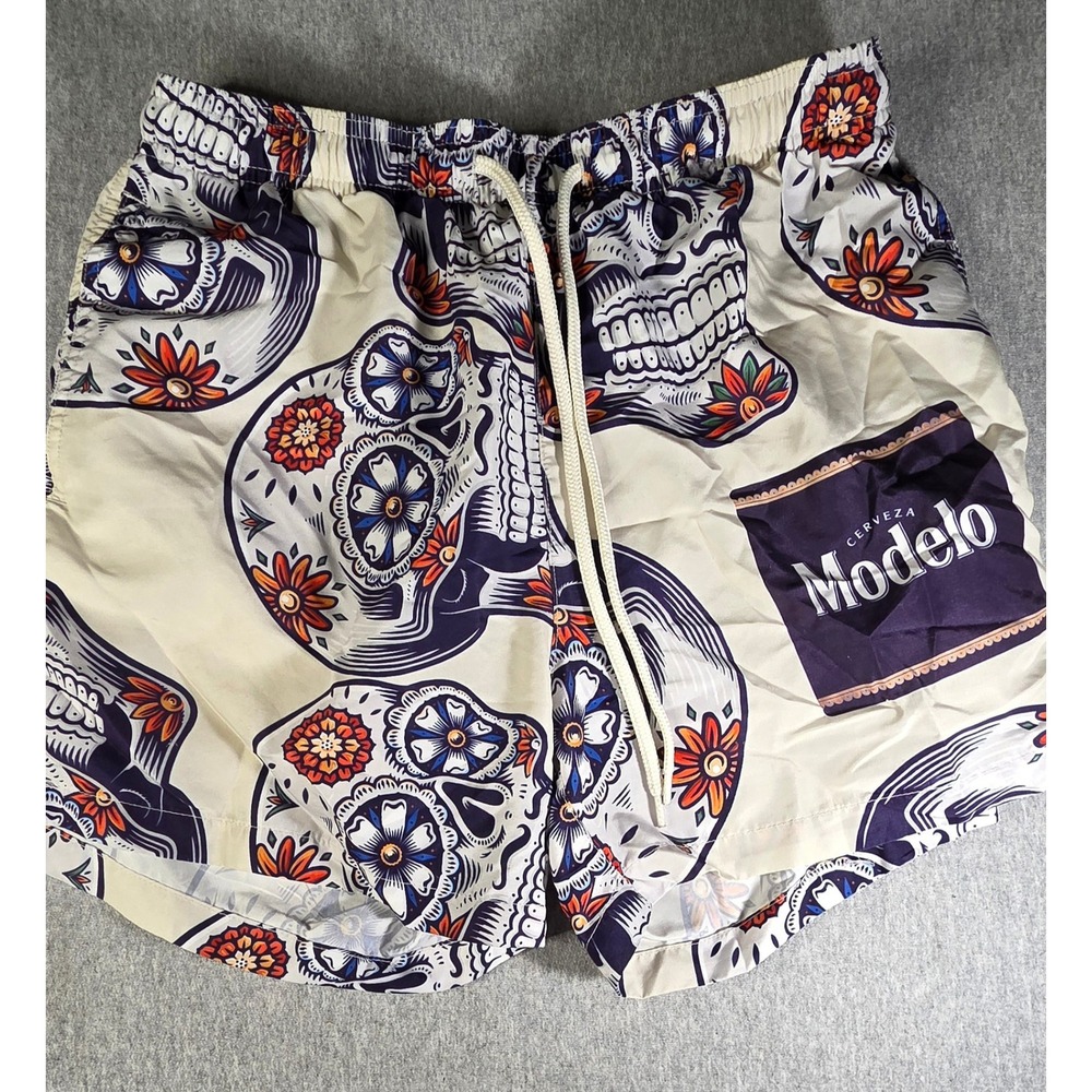 Modelo Cerveza Mens Sugar Skull Swim Trunks Small Day of the Dead Board Shorts